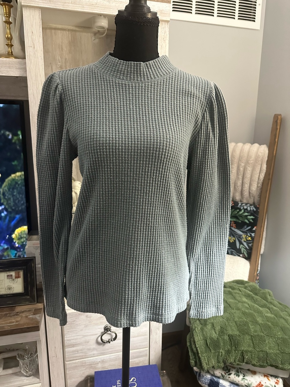 Waffle Knit Puff Sleeve Top in Sage Green
